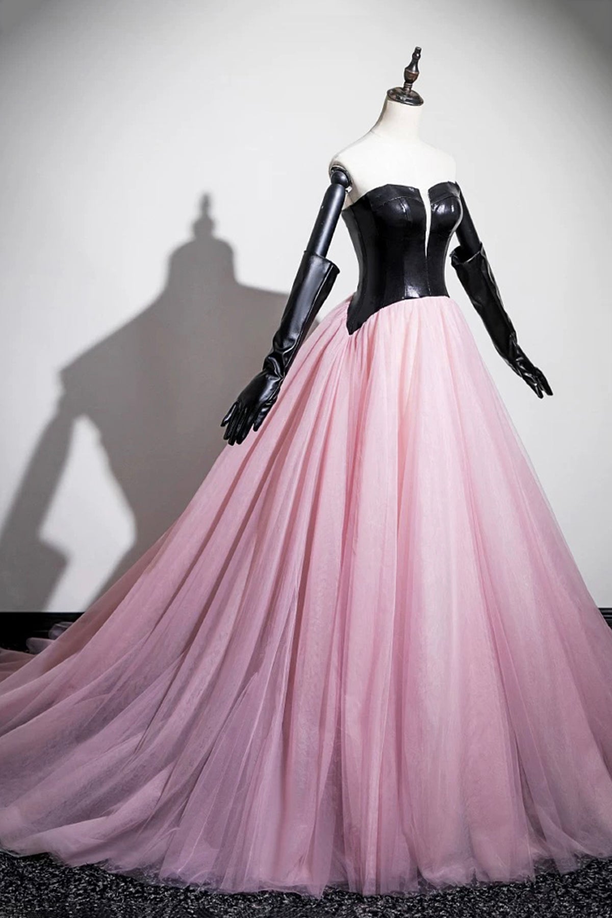 Black and Pink Tulle Long Prom Dress, A-Line Strapless Evening Dress with Corset