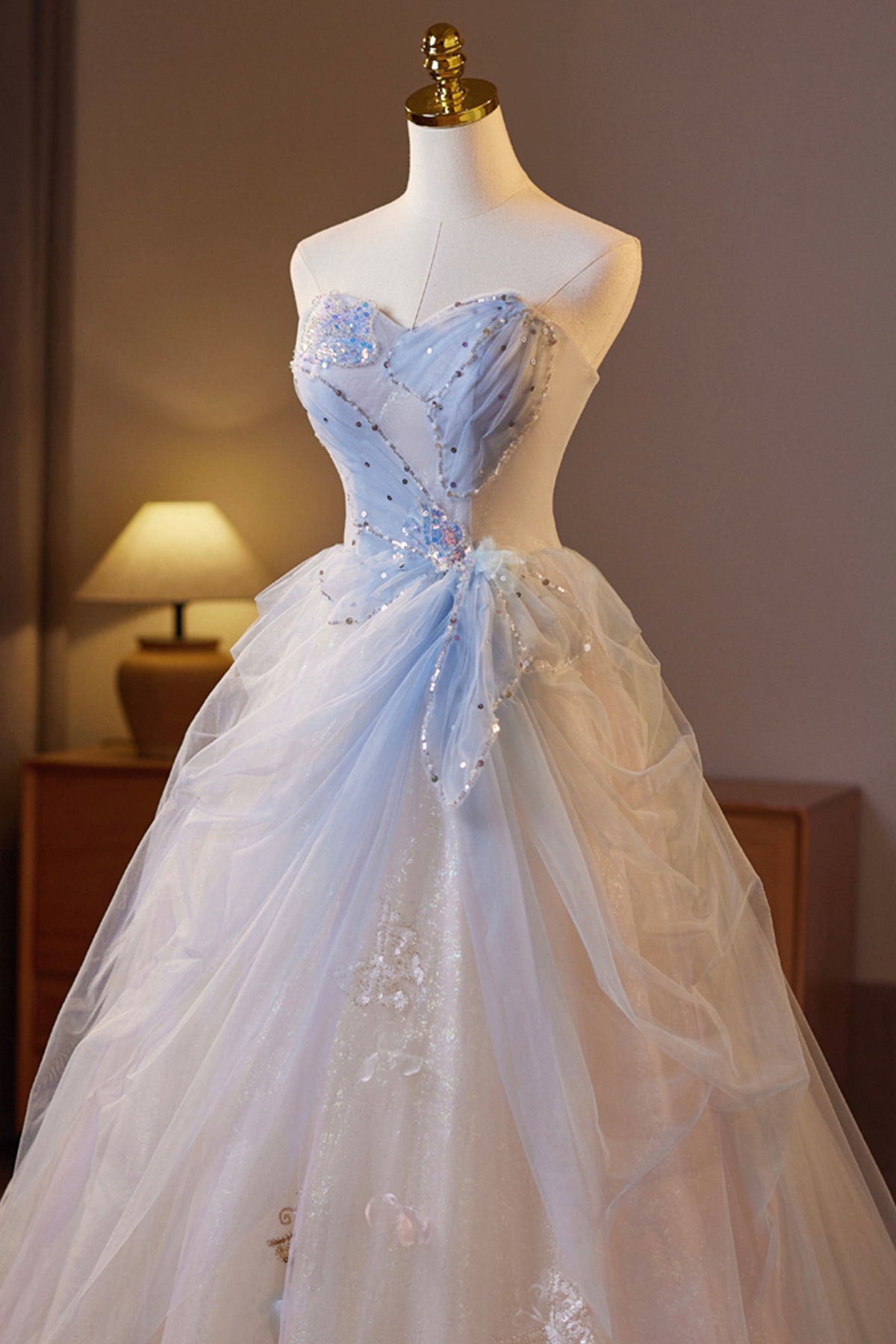 Beautiful Sparkling Tulle Long Prom Dress, A-Line Strapless Evening Party Dress