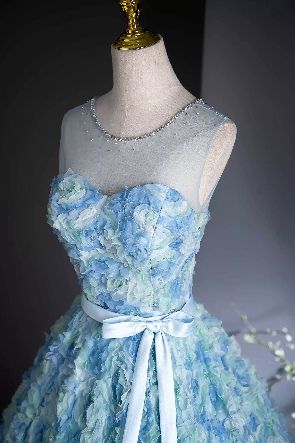 Blue Floral Long Prom Dresses, Beautiful A-Line Party Dresses