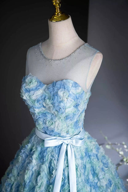 Blue Floral Long Prom Dresses, Beautiful A-Line Party Dresses