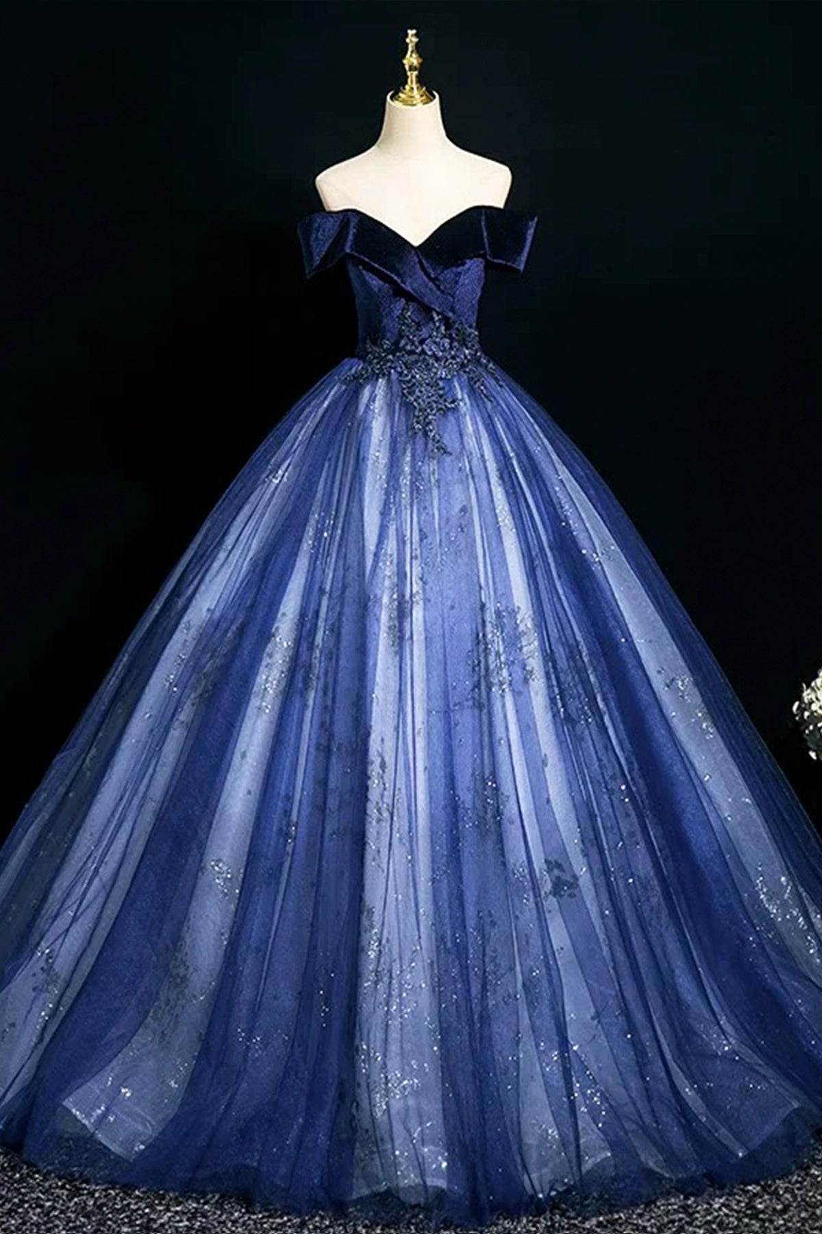 Blue Velvet and Tulle Long A-Line Prom Dress, Elegant Off the Shoulder Party Dress