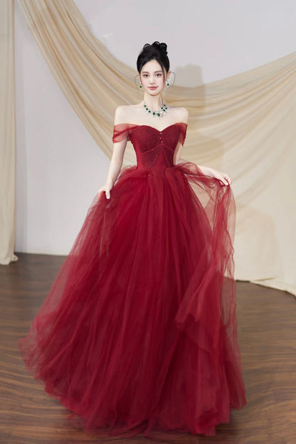 Burgundy Tulle Long Prom Dress, Burgundy Off the Shoulder Party Dress