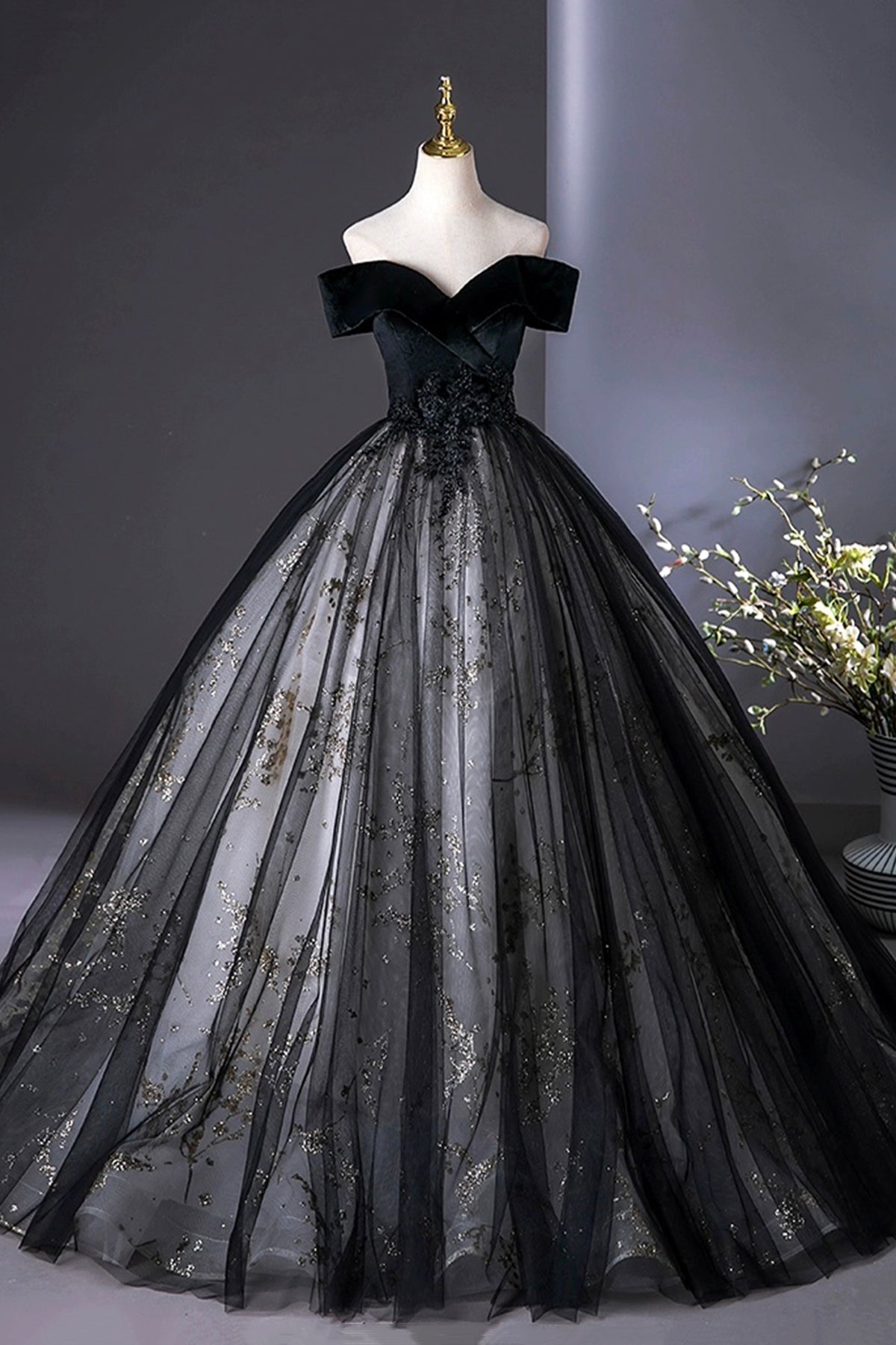 Black Velvet and Tulle Long A-Line Prom Dress, Elegant Off the Shoulder Party Dress