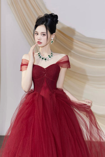 Burgundy Tulle Long Prom Dress, Burgundy Off the Shoulder Party Dress