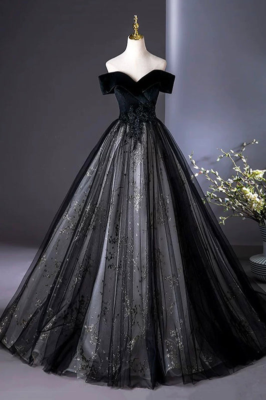 Black Velvet and Tulle Long A-Line Prom Dress, Elegant Off the Shoulder Party Dress