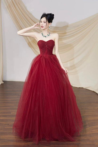 Burgundy Tulle Long Prom Dress, Burgundy Off the Shoulder Party Dress