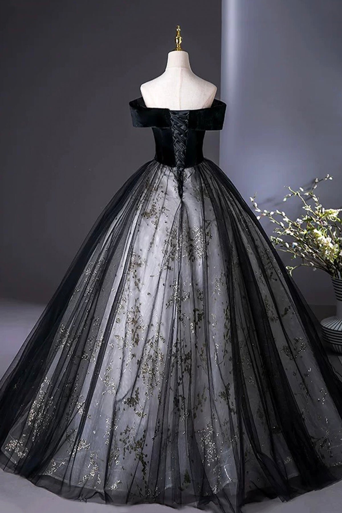 Black Velvet and Tulle Long A-Line Prom Dress, Elegant Off the Shoulder Party Dress