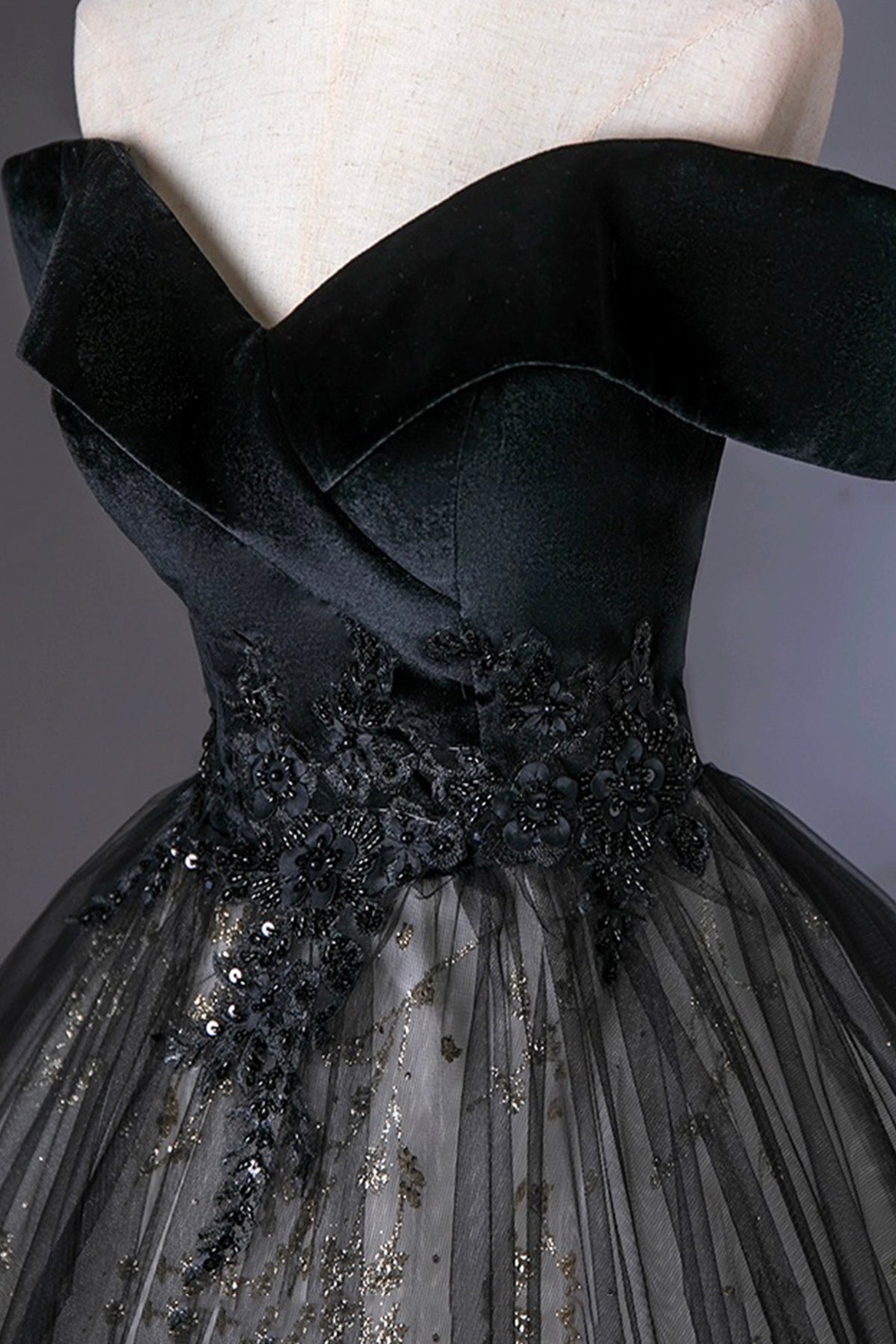 Black Velvet and Tulle Long A-Line Prom Dress, Elegant Off the Shoulder Party Dress