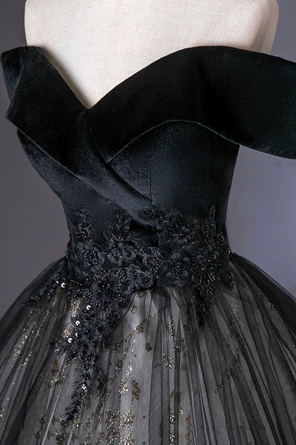 Black Velvet and Tulle Long A-Line Prom Dress, Elegant Off the Shoulder Party Dress