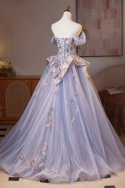 Lilac Tulle Floral Floor Length Prom Dress, Lovely A-Line Evening Party Dress