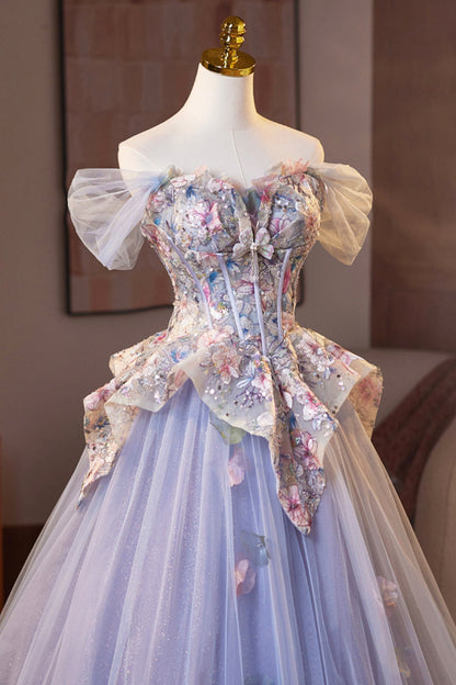 Lilac Tulle Floral Floor Length Prom Dress, Lovely A-Line Evening Party Dress
