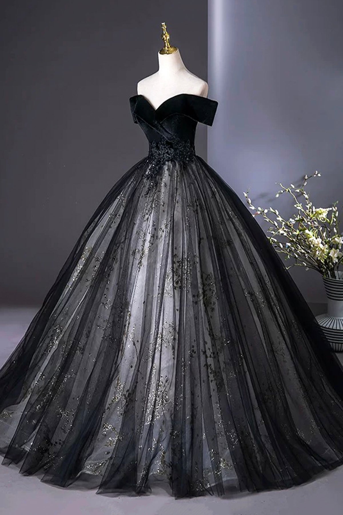 Black Velvet and Tulle Long A-Line Prom Dress, Elegant Off the Shoulder Party Dress