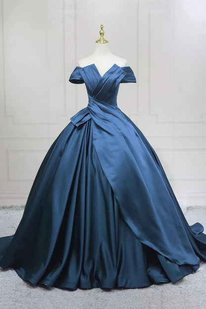 Blue Satin Long Formal Dress, Elegant A-line Princess Prom Dress