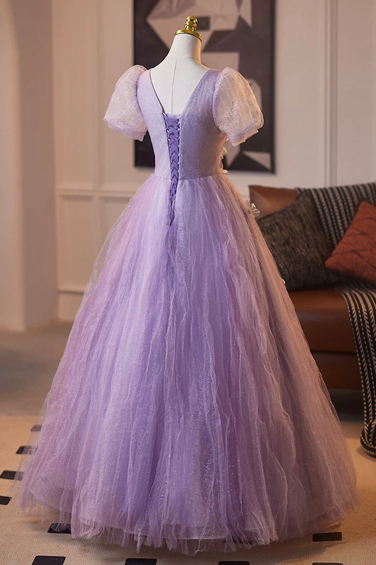 Light Purple Tulle Flower Long Prom Party Dress, Lovely A-Line Short Sleeve Party Dress