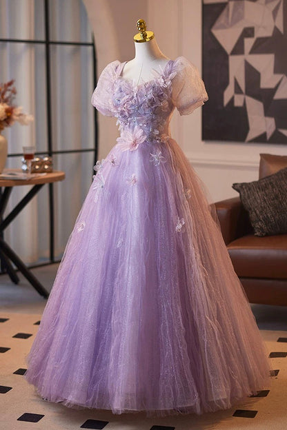 Light Purple Tulle Flower Long Prom Party Dress, Lovely A-Line Short Sleeve Party Dress