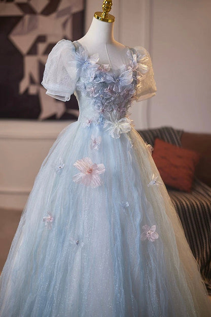 Blue Tulle Flower Long Prom Party Dress, Lovely A-Line Short Sleeve Party Dress