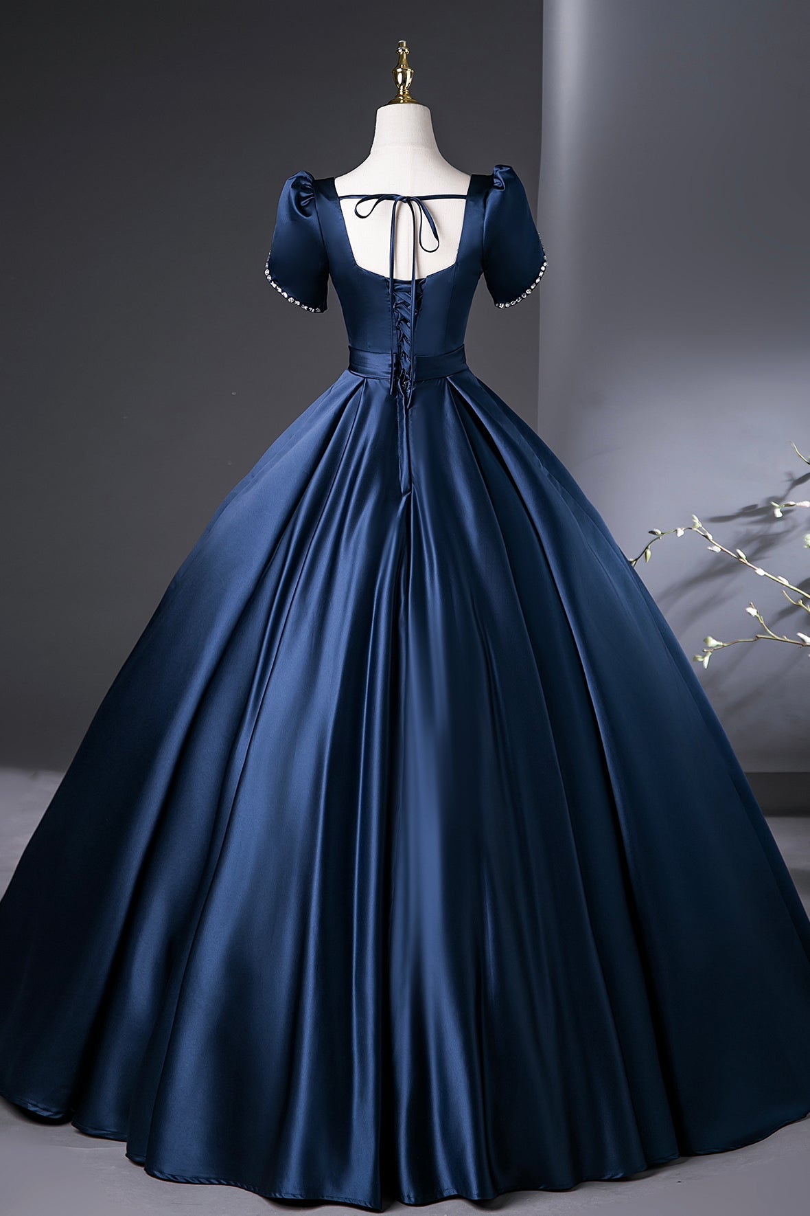 Navy Satin Long Prom Dress, A-Line Short Sleeve Evening Party Dress