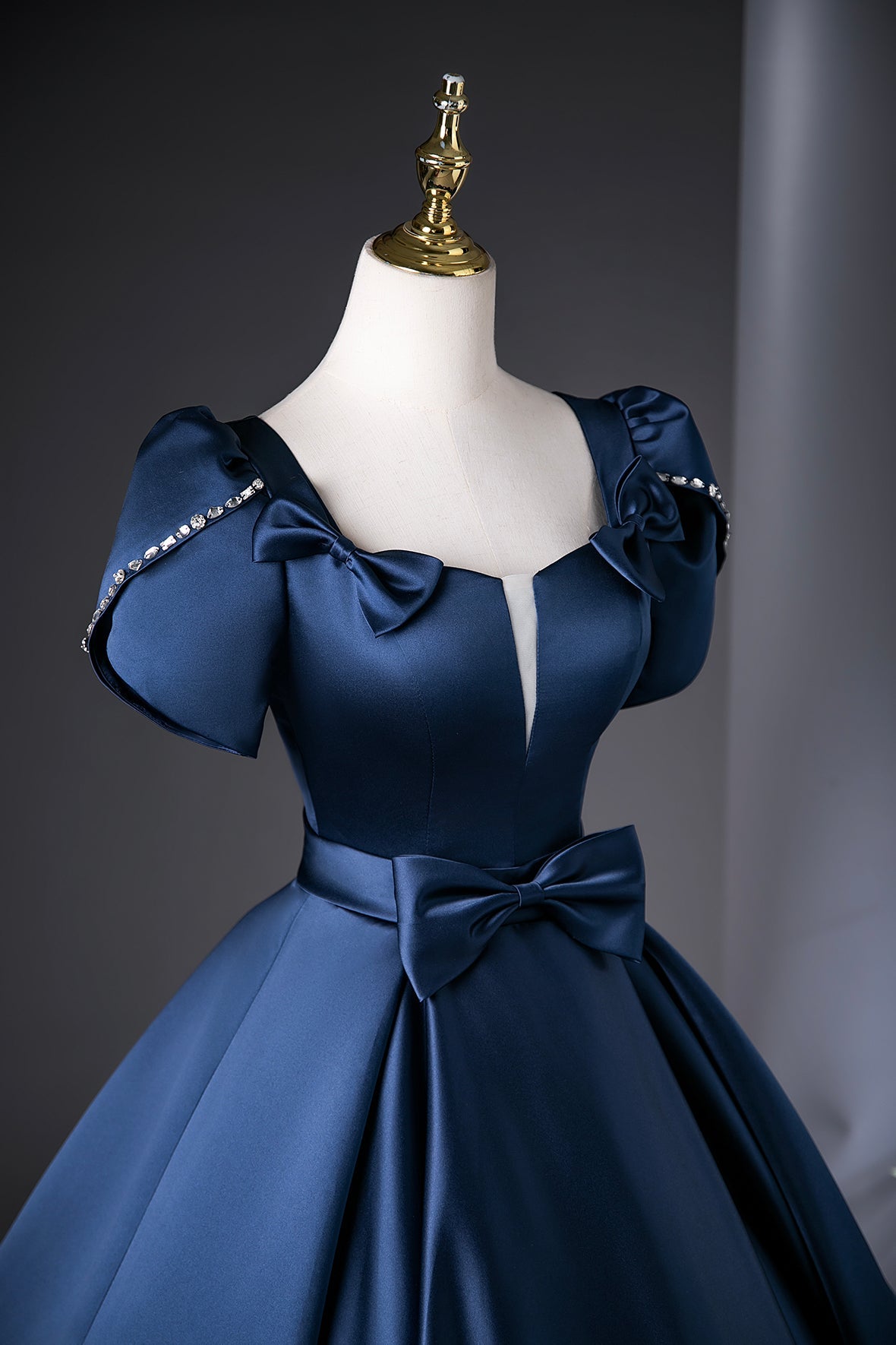 Navy Satin Long Prom Dress, A-Line Short Sleeve Evening Party Dress