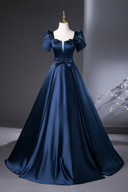 Navy Satin Long Prom Dress, A-Line Short Sleeve Evening Party Dress