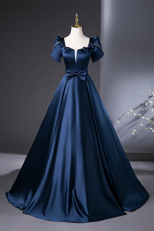 Navy Satin Long Prom Dress, A-Line Short Sleeve Evening Party Dress