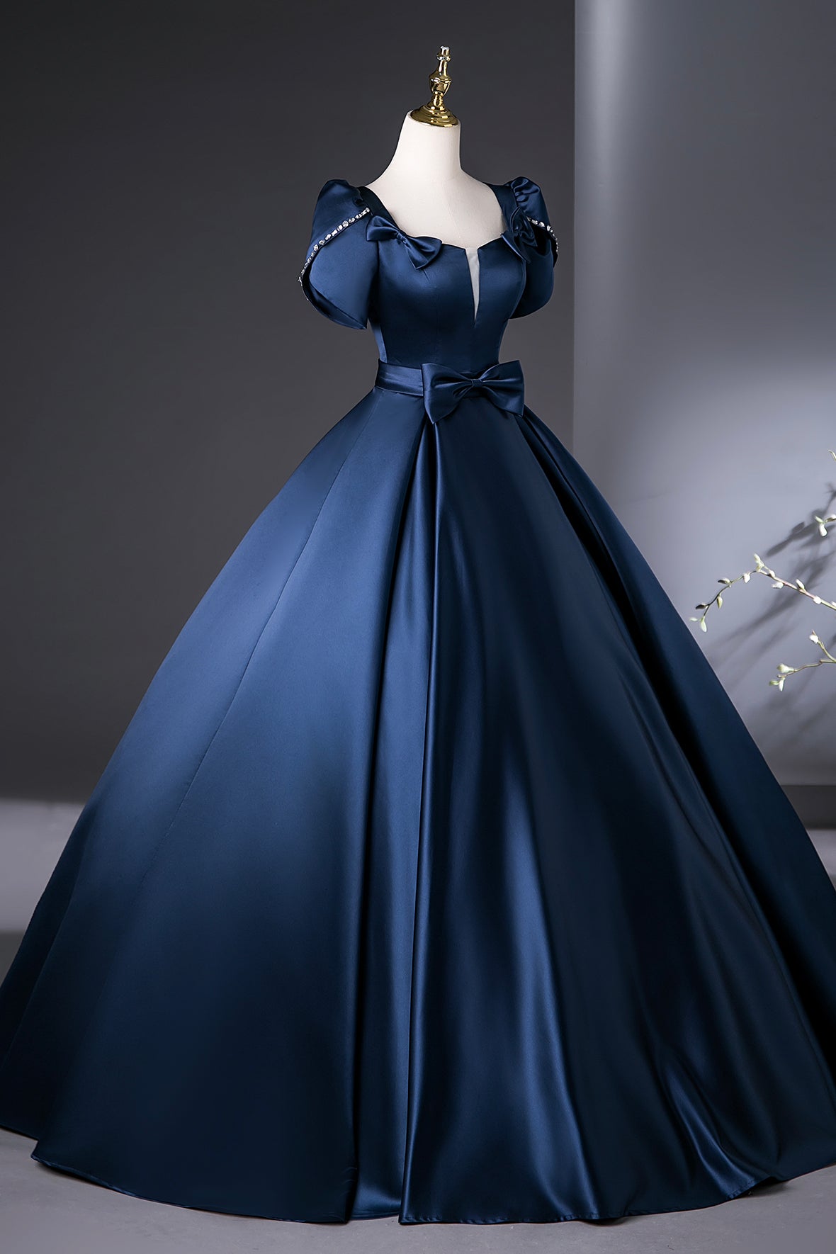 Navy Satin Long Prom Dress, A-Line Short Sleeve Evening Party Dress