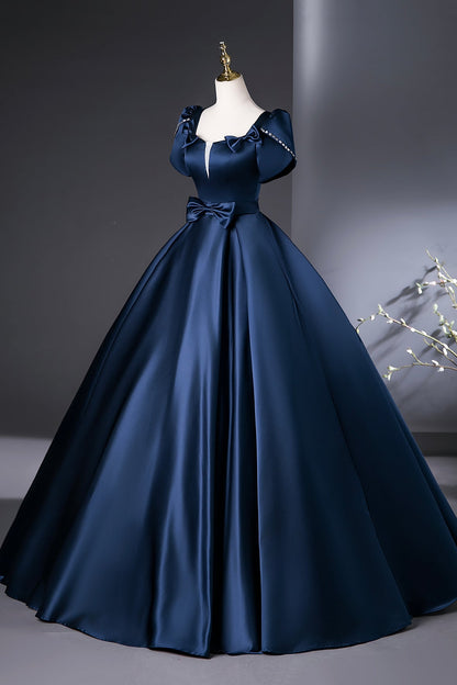 Navy Satin Long Prom Dress, A-Line Short Sleeve Evening Party Dress