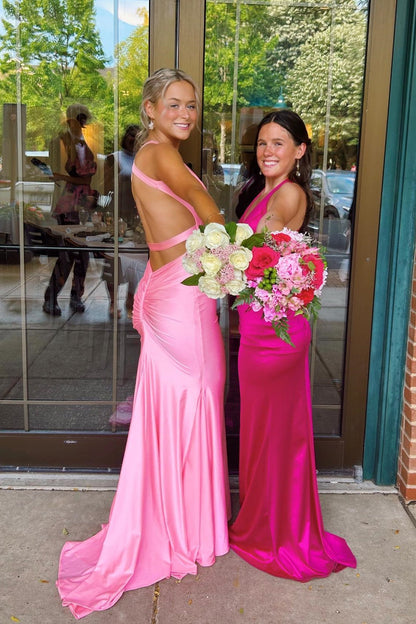 V-neck Open Back Ruched Mermaid Graduation Dress Formal Dresses Long