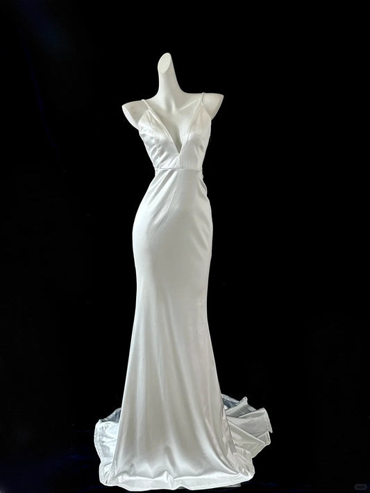 White Mermaid Elegant Long Satin Ball Gown Evening Dress Party Dress gh4474