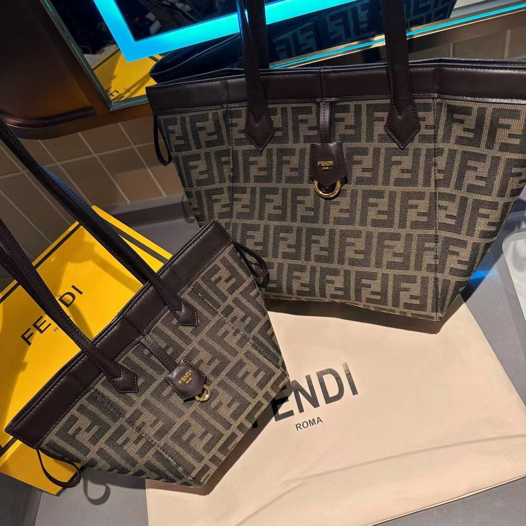 Fendi Women Origami Large Brown FF Jacquard Fabric Bag that can be Transformed