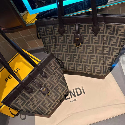 Fendi Women Origami Large Brown FF Jacquard Fabric Bag that can be Transformed