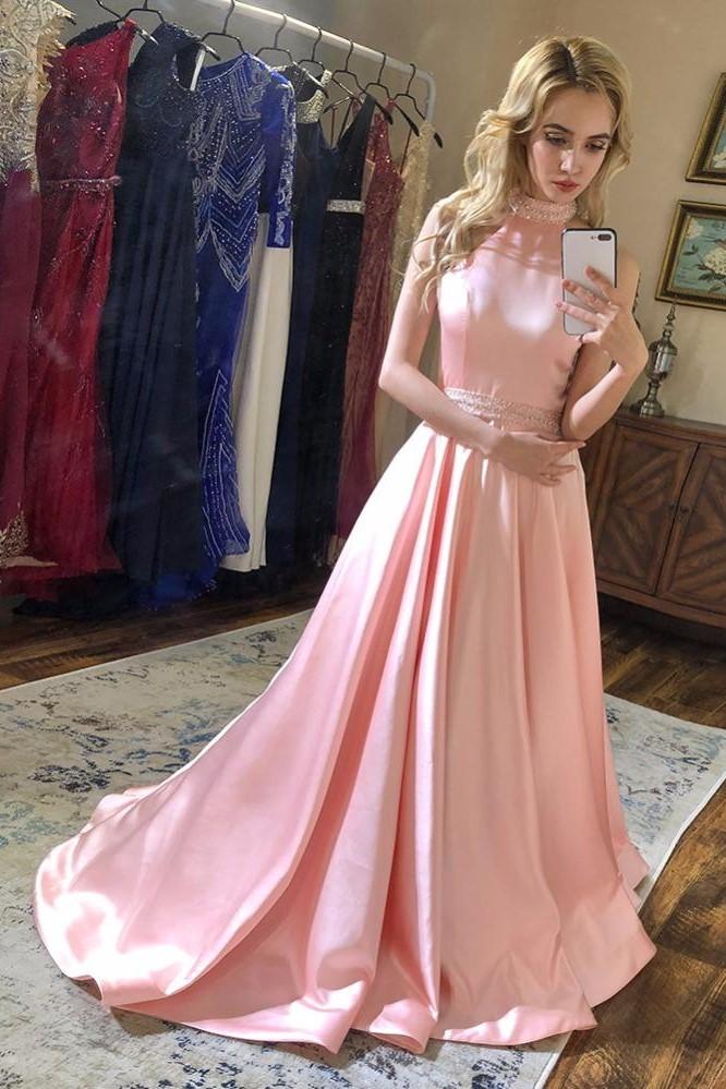 Pink Satin Prom Party Dresses with Beaded Halter Neckline