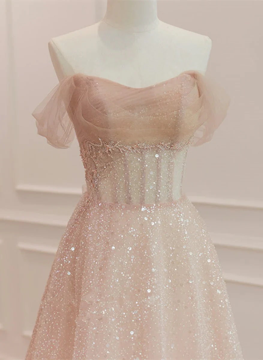 Pink Sparkle A-line Sequins Tulle Long  Formal Dress Prom Dress SH1639