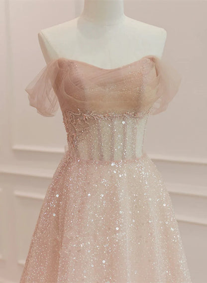 Pink Sparkle A-line Sequins Tulle Long  Formal Dress Prom Dress SH1639