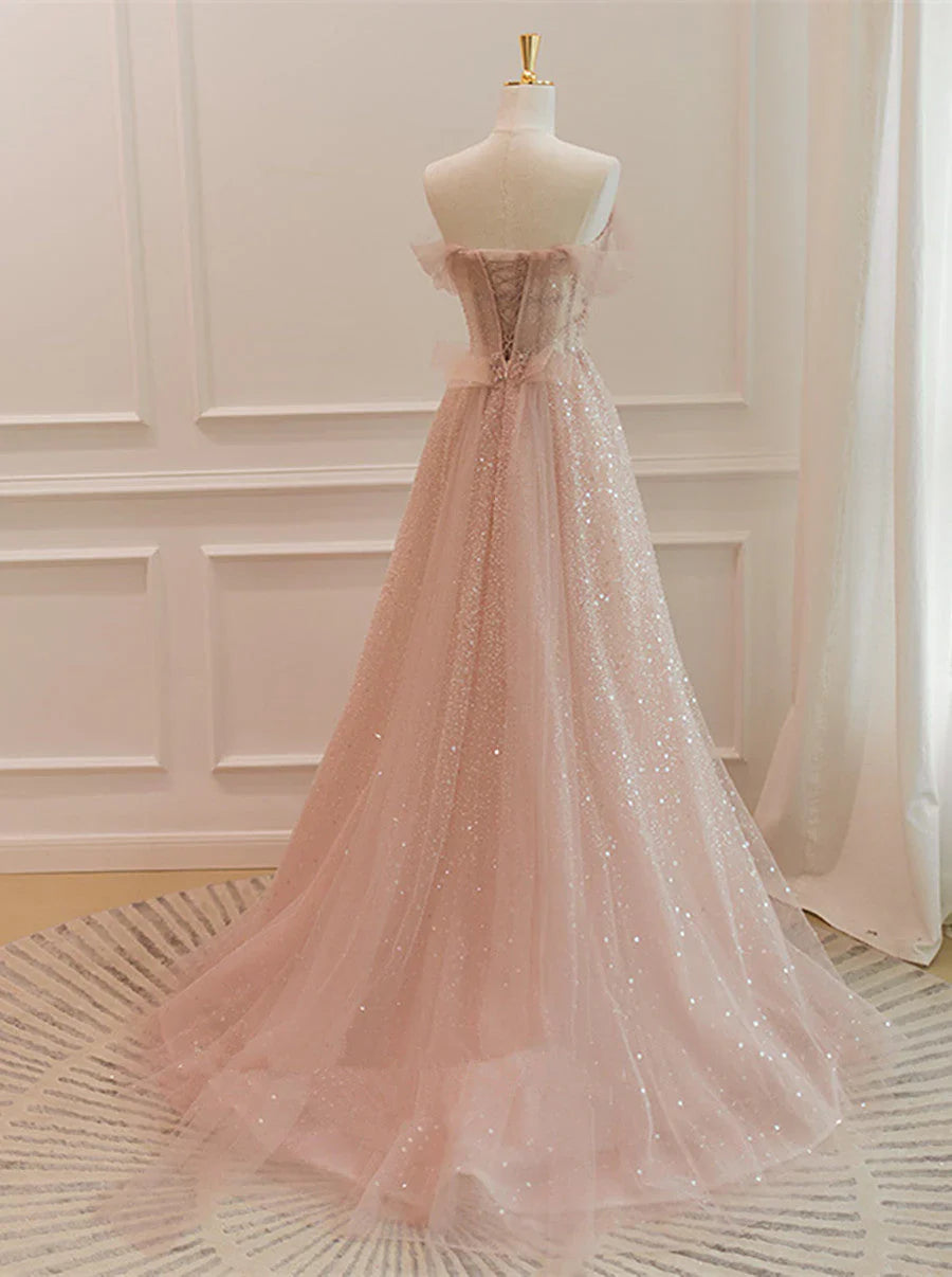 Pink Sparkle A-line Sequins Tulle Long  Formal Dress Prom Dress SH1639