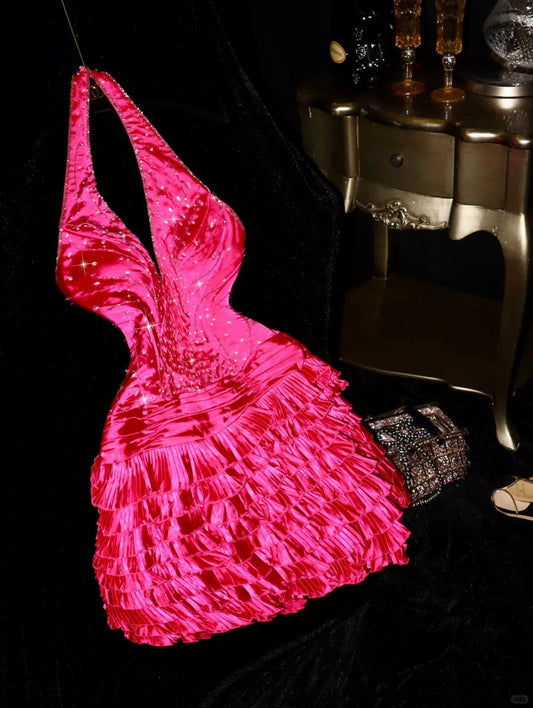 Pink Beaded Homecoming Dress Fashion Short Satin Ball Gown Evening Dress gh4421