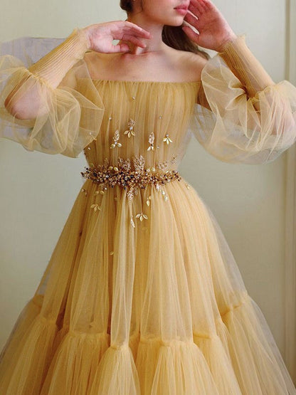 Yellow pretty fairy elegant exquisite beading A-line long sleeve long tulle ball gown evening dress gh2234