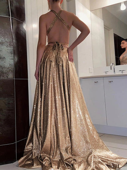 A Line V-neck Sweep Train Backless Sequined Prom Dresses With Slit SH1628