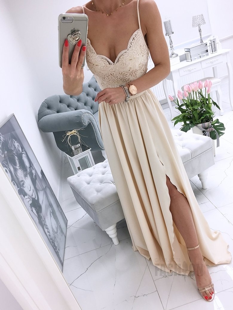 White v neck chiffon lace long prom dress, white formal dress B493