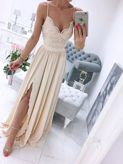White v neck chiffon lace long prom dress, white formal dress B493