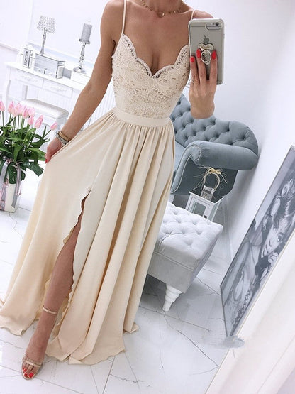 White v neck chiffon lace long prom dress, white formal dress B493