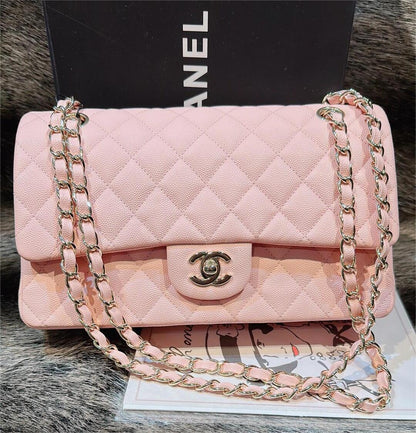 CHANEL Caviar Quilted Medium Double Flap Light Pink silvery metal
