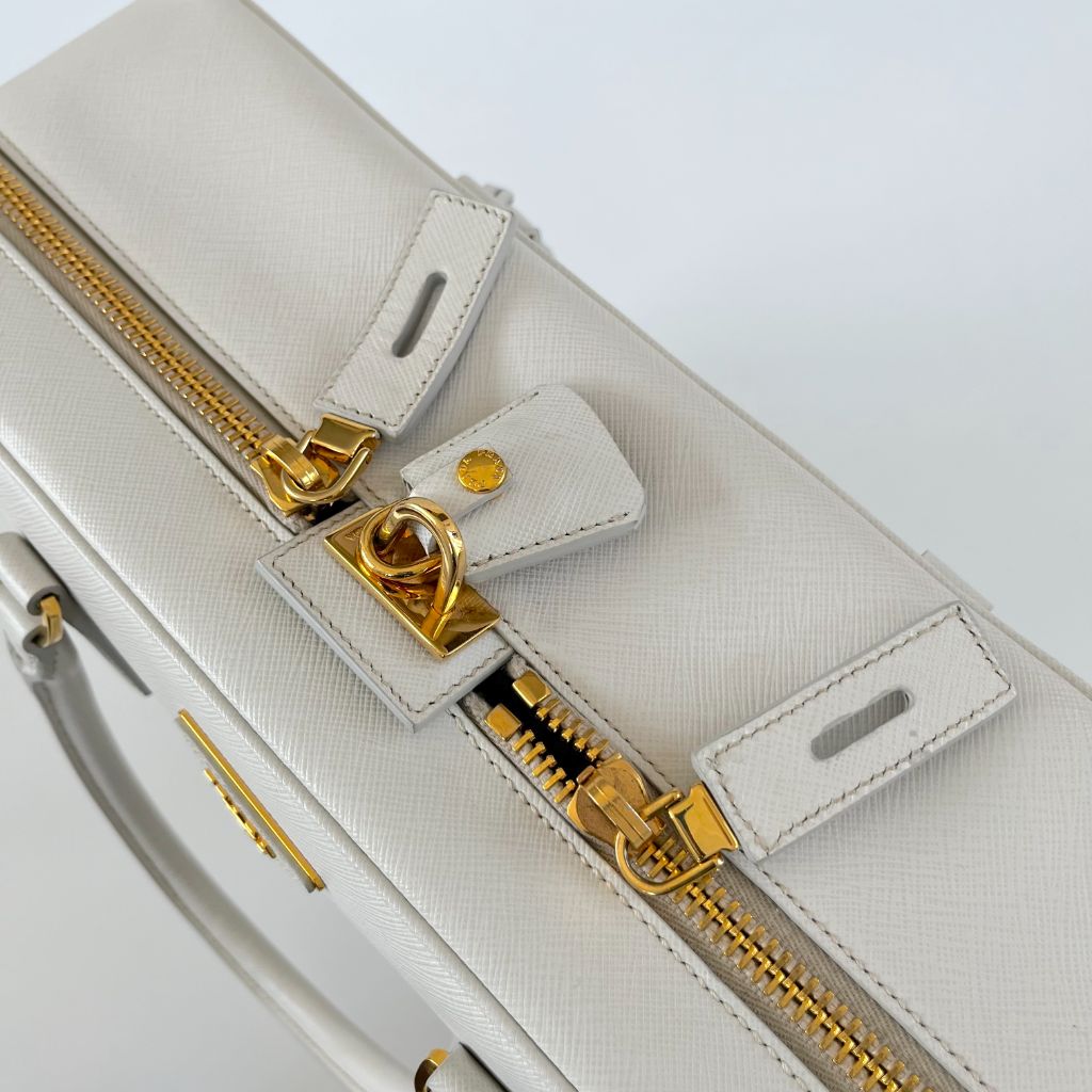 Prada Beige Leather Weekender Top Handle Bag