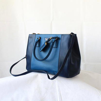 Prada Blue Bicolor Saffiano Lux Leather Medium Galleria Double Zip Tote