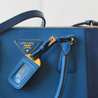 Prada Blue Bicolor Saffiano Lux Leather Medium Galleria Double Zip Tote
