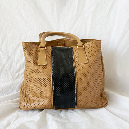 Prada Brown and Black Leather Perforated Saffiano Bag