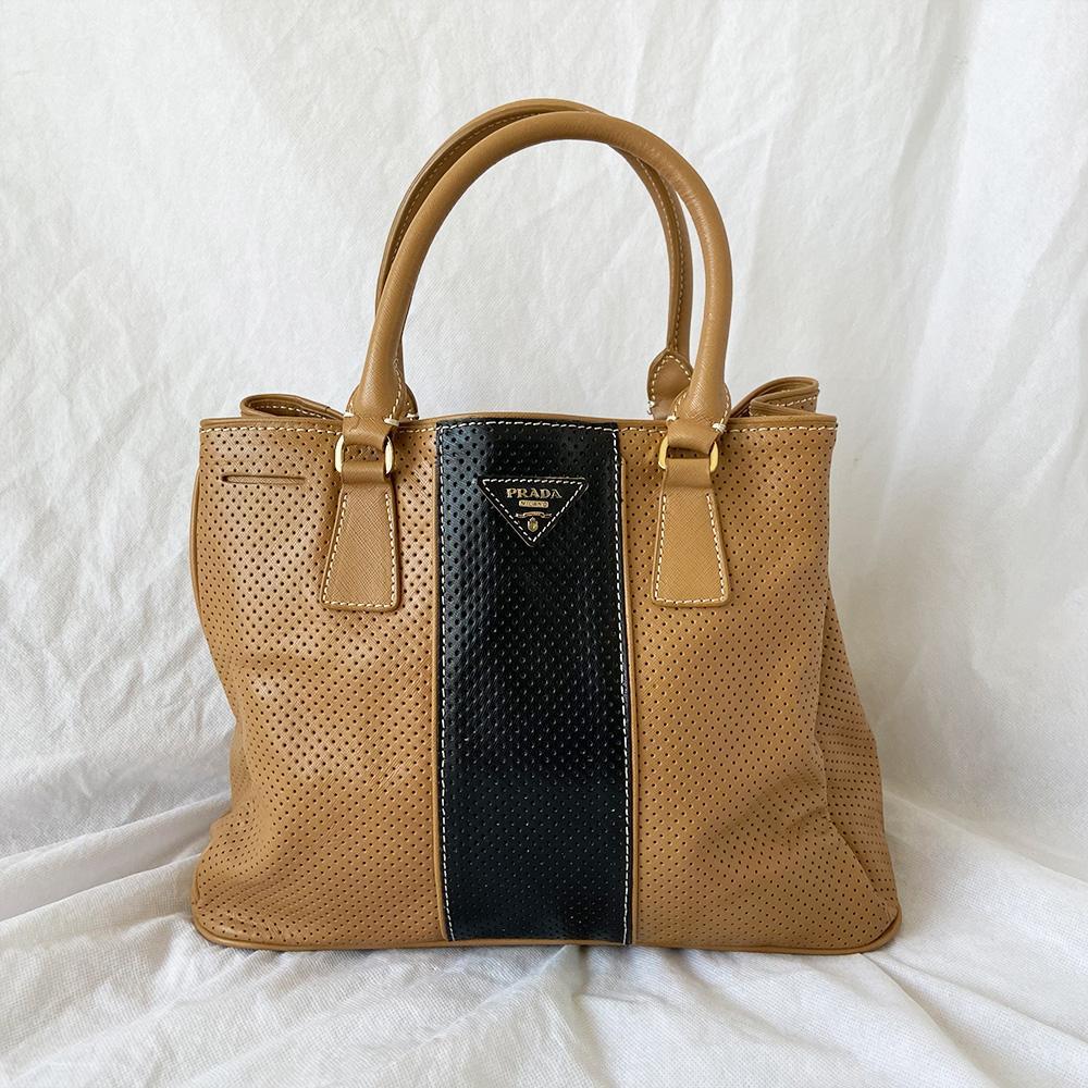 Prada Brown and Black Leather Perforated Saffiano Bag