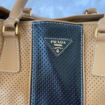 Prada Brown and Black Leather Perforated Saffiano Bag