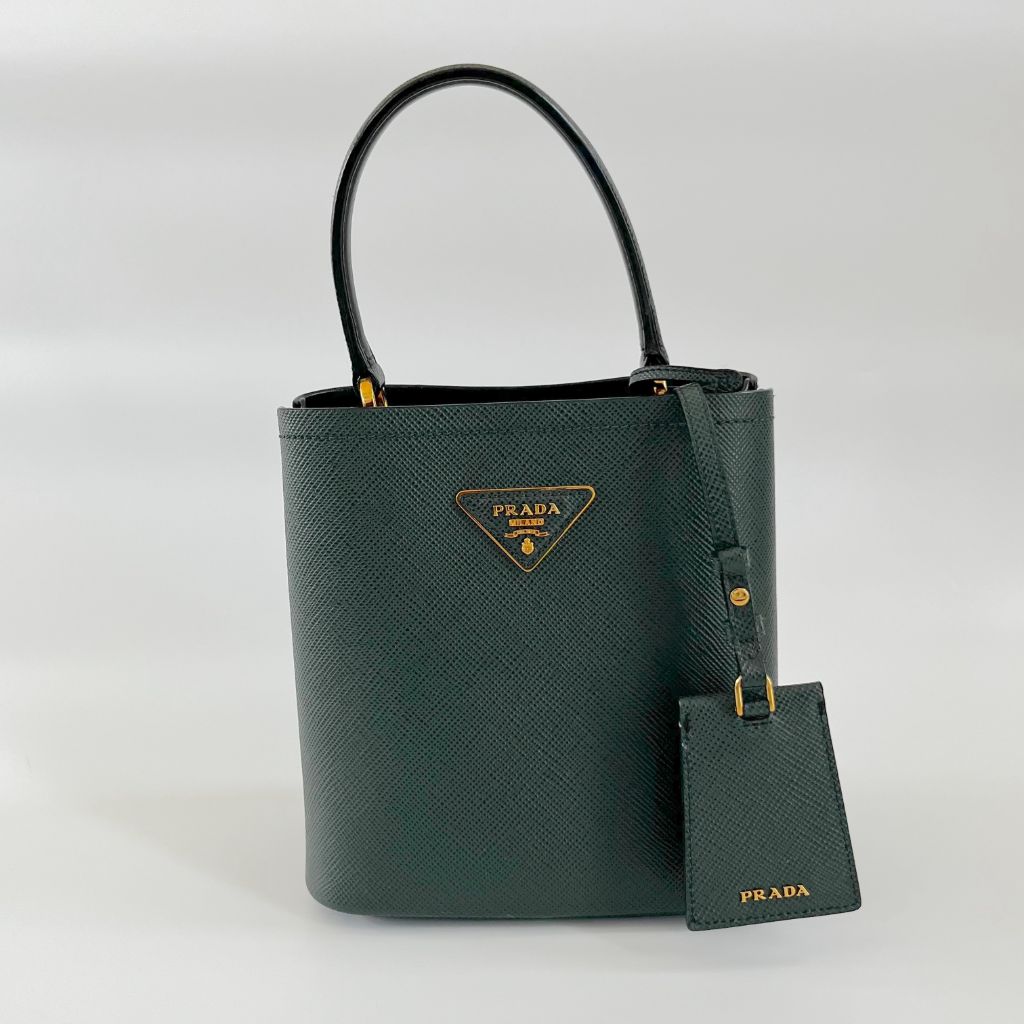 Prada Dark Green Logo Plaque Mini Bucket Bag