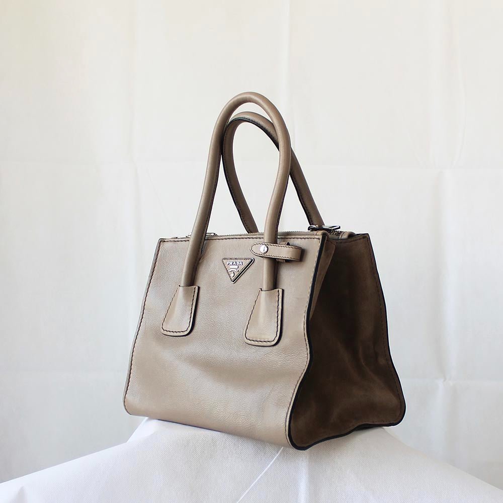 Prada Grey Leather Top Handle Khaki Bag