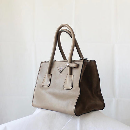 Prada Grey Leather Top Handle Khaki Bag